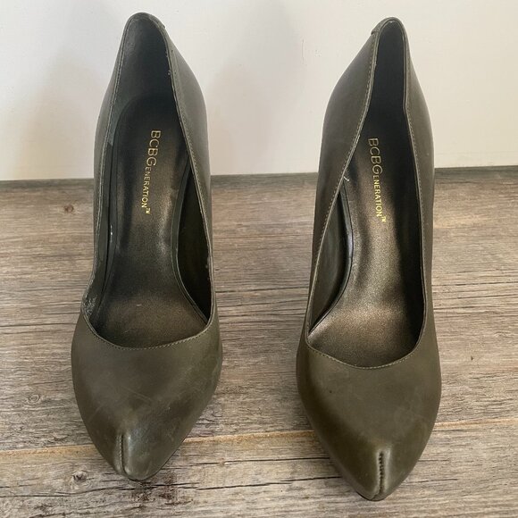 BCBGeneration Holmy Genuine Dark Leather Olive Green Hidden Platform Stilettos - Picture 4 of 10